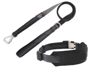 Pet Life Â® 'Geo-prene' 2-in-1 Shock Absorbing Neoprene Padded Reflective Dog Leash and Collar (Color: Black, Size: Medium)