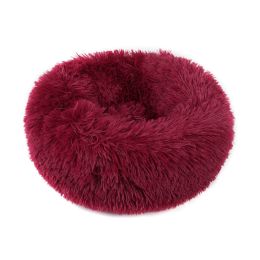 Small Large Pet Dog Puppy Cat Calming Bed Cozy Warm Plush Sleeping Mat Kennel, Round (Color: Wine Red, Size: 27in)