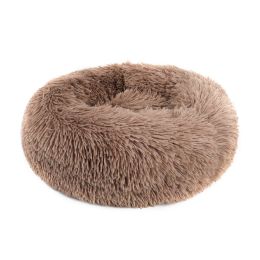 Small Large Pet Dog Puppy Cat Calming Bed Cozy Warm Plush Sleeping Mat Kennel, Round (Color: Khaki, Size: 23in)