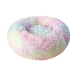 Small Large Pet Dog Puppy Cat Calming Bed Cozy Warm Plush Sleeping Mat Kennel, Round (Color: Mix-color, Size: 20in)