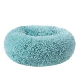 Small Large Pet Dog Puppy Cat Calming Bed Cozy Warm Plush Sleeping Mat Kennel, Round (Color: Dark Green, Size: 27in)