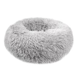 Small Large Pet Dog Puppy Cat Calming Bed Cozy Warm Plush Sleeping Mat Kennel, Round (Color: Light Gray, Size: 27in)